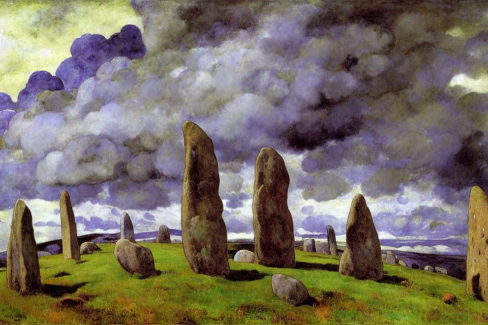 Ancient stone circle painting on lush grass field under dramatic sky