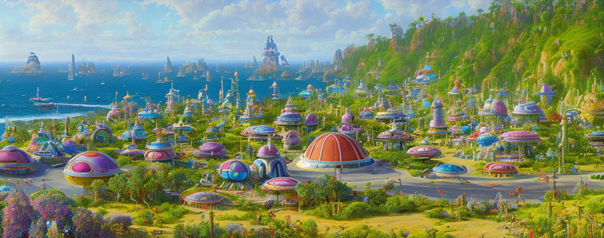 Futuristic city by the sea with dome-shaped buildings and advanced ships