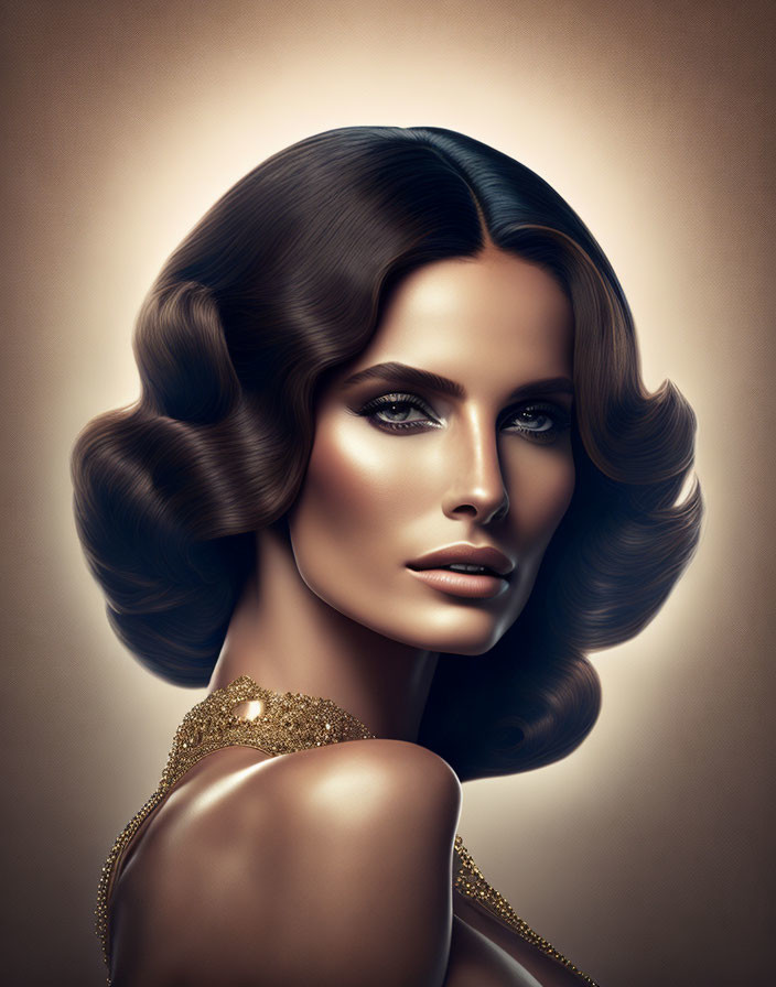 Stylized portrait of woman with wavy hair and gold jewelry