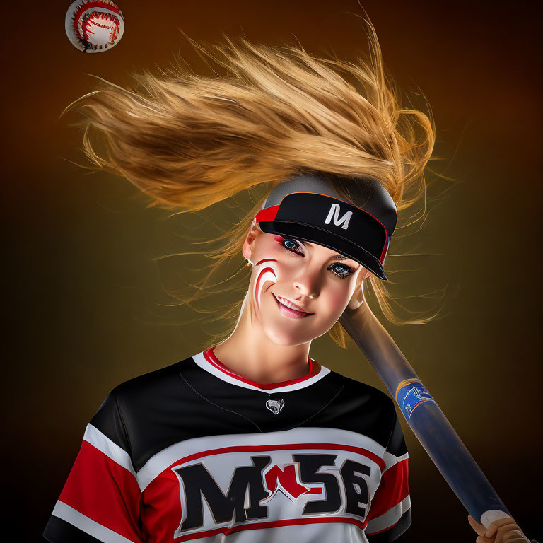 Blond female baseball player in cap and jersey with bat and ball