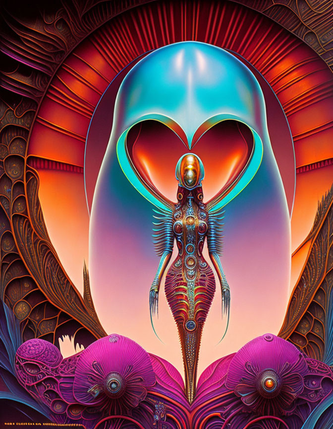 Colorful Psychedelic Artwork: Alien Figure with Heart-Shaped Head and Intricate Patterns