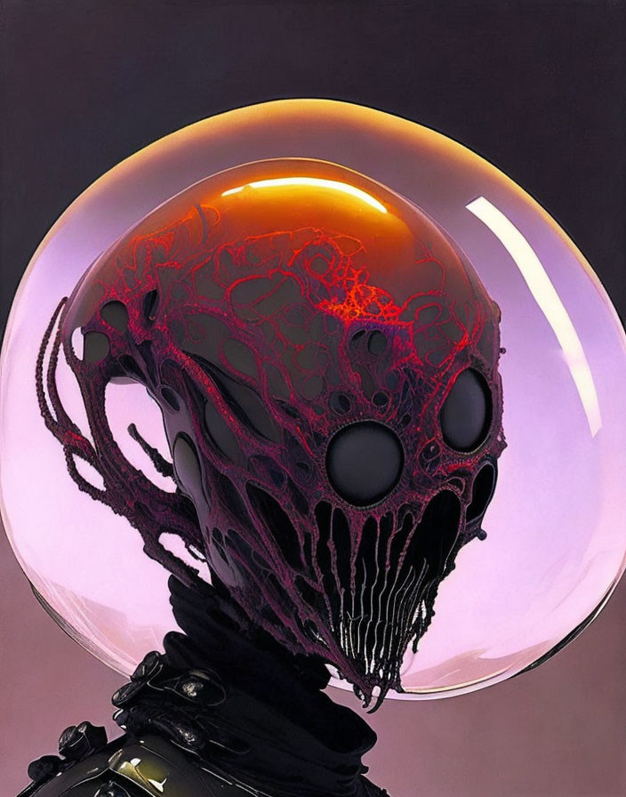 Futuristic humanoid figure with skull-like head on purple and orange backdrop