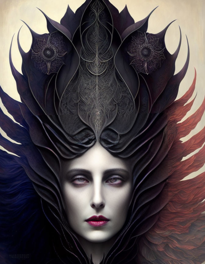 Surreal gothic portrait with pale figure and ornate headdress