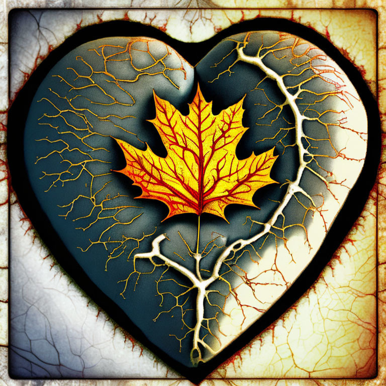 Stylized cracked heart with branching veins and orange leaf motif