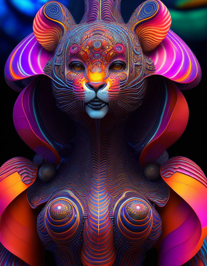 Colorful Psychedelic Cat Art with Neon Patterns
