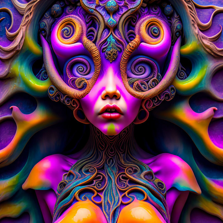 Colorful digital artwork of stylized female figure with intricate designs on face and body