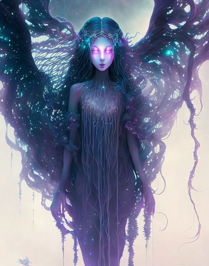 Ethereal figure with flowing hair and starry embellishments on purple backdrop