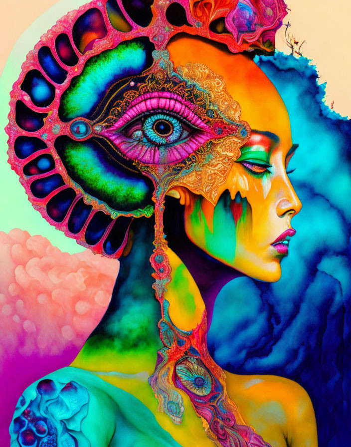 Colorful surreal anatomy cutaway of woman with eye in head