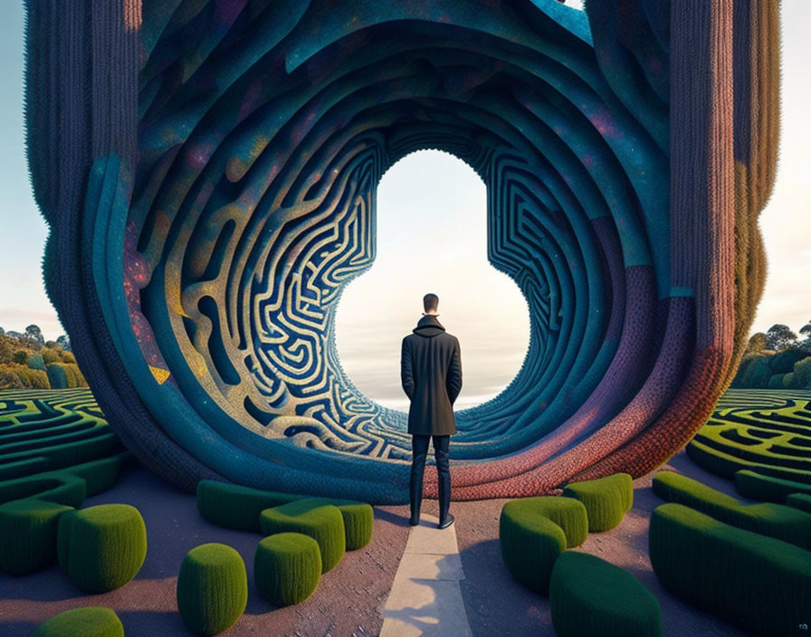 Surreal archway with intricate patterns and stylized trees at dawn or dusk