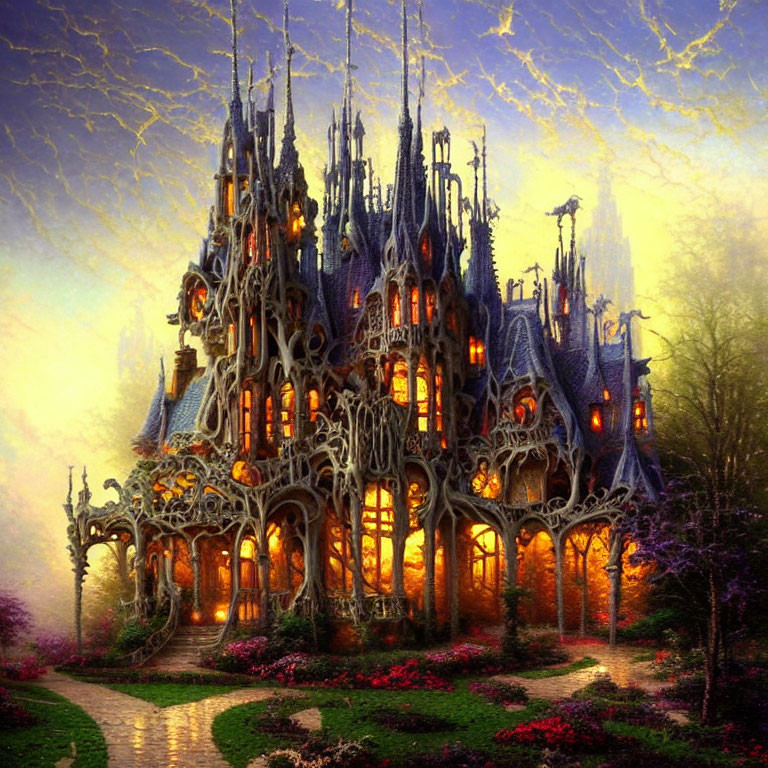 Fantasy-style castle with spires and lush gardens under twilight sky