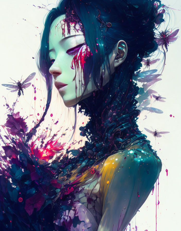 Vibrant digital artwork of woman with dragonflies in surreal setting