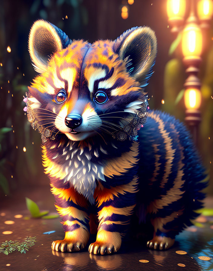 Whimsical tiger-raccoon creature in colorful, magical setting