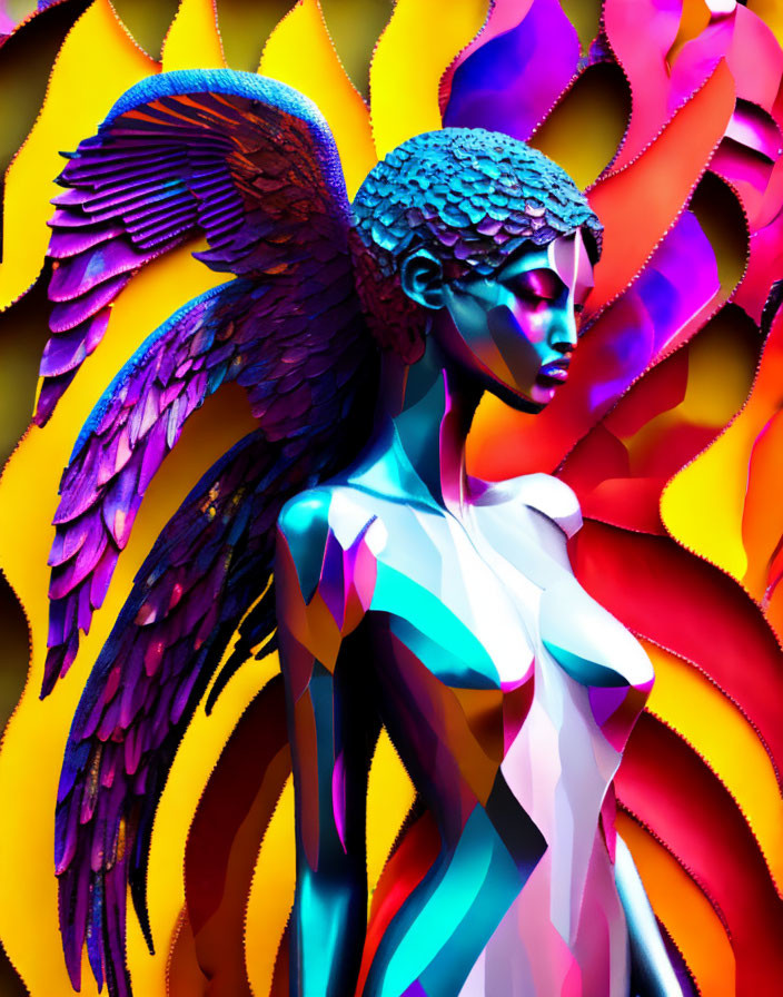 Vibrant digital artwork: Female figure with winged silhouette, colorful abstract patterns.