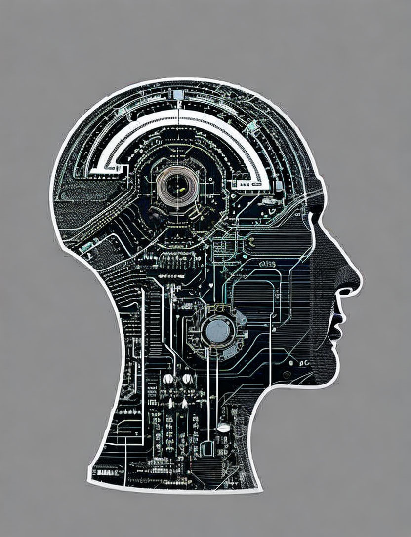 Futuristic human head profile with intricate electronic circuitry