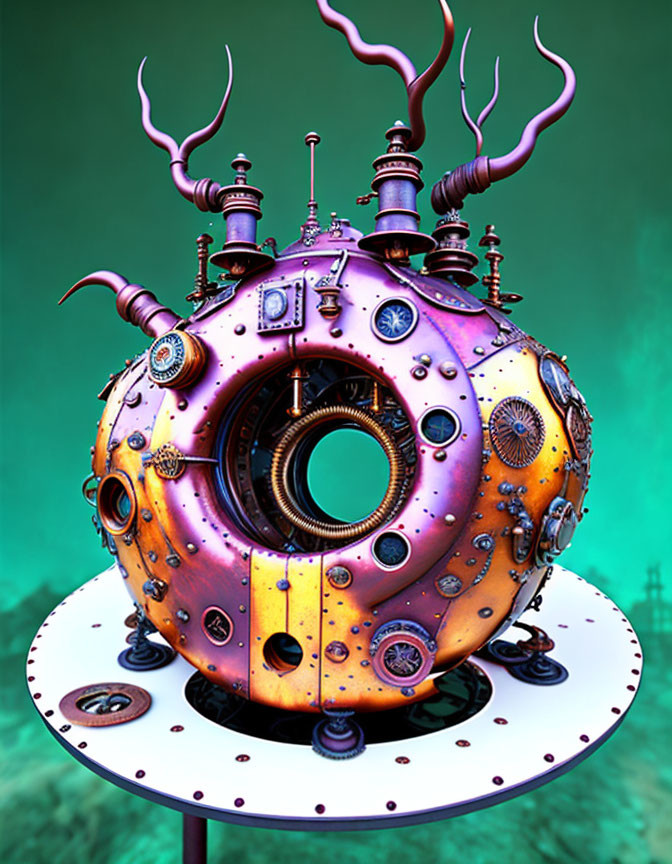 Whimsical purple and orange machine with pipes, gauges, and gears on polka-dot base