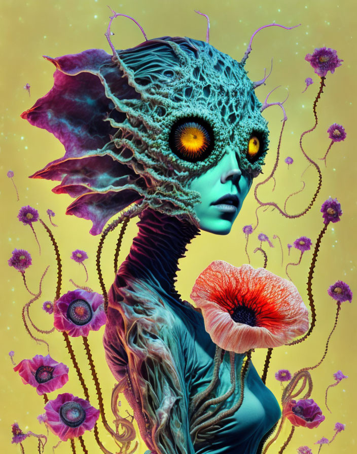 Colorful digital artwork: Alien figure with glowing eyes and coral-like head.