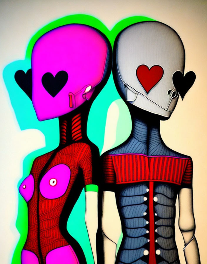 Stylized Figures with Heart-shaped Faces in Vibrant Colors