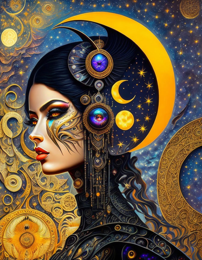 Detailed celestial-themed woman illustration with crescent moon and stars in vibrant colors