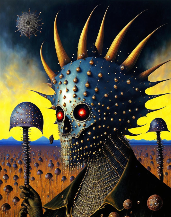 Skull-faced creature with red eyes and scepter in surreal landscape