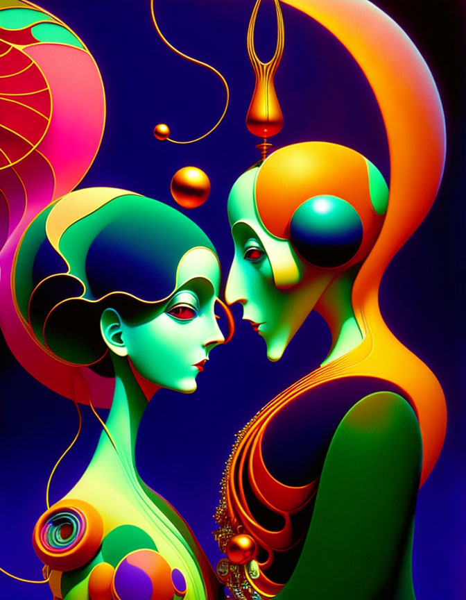 Colorful Abstract Digital Art of Two Stylized Figures Embracing