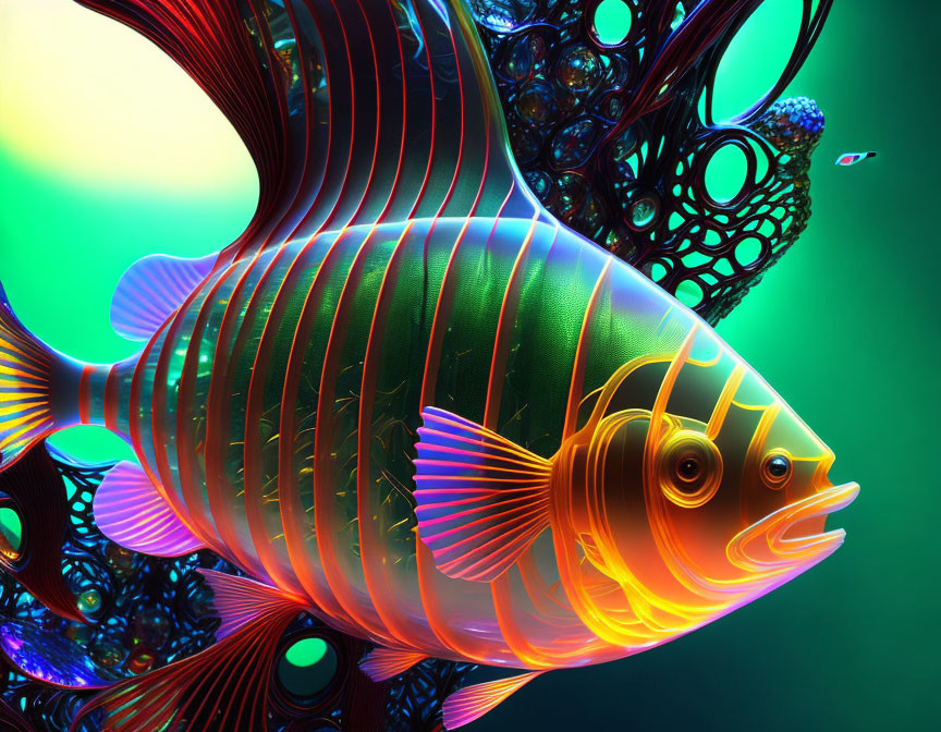 Colorful digital fish art with intricate patterns on vibrant backdrop