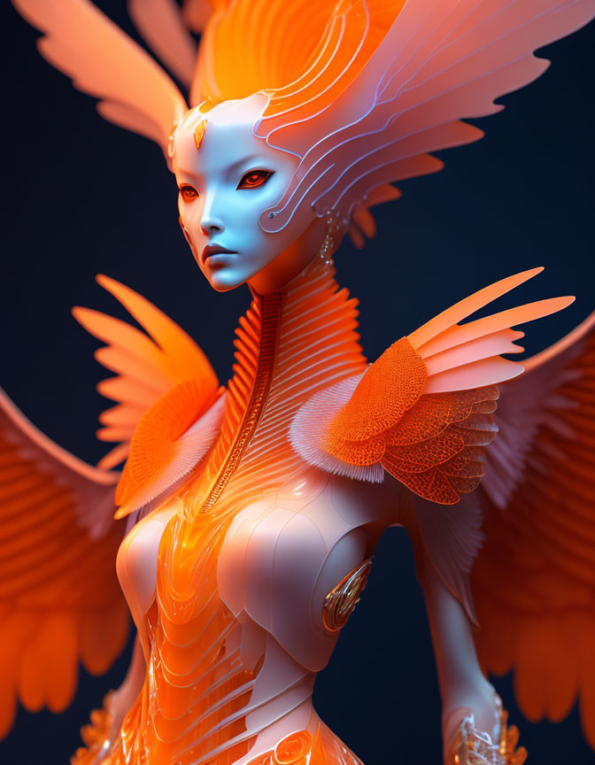 Orange and blue humanoid figure with avian features in 3D illustration