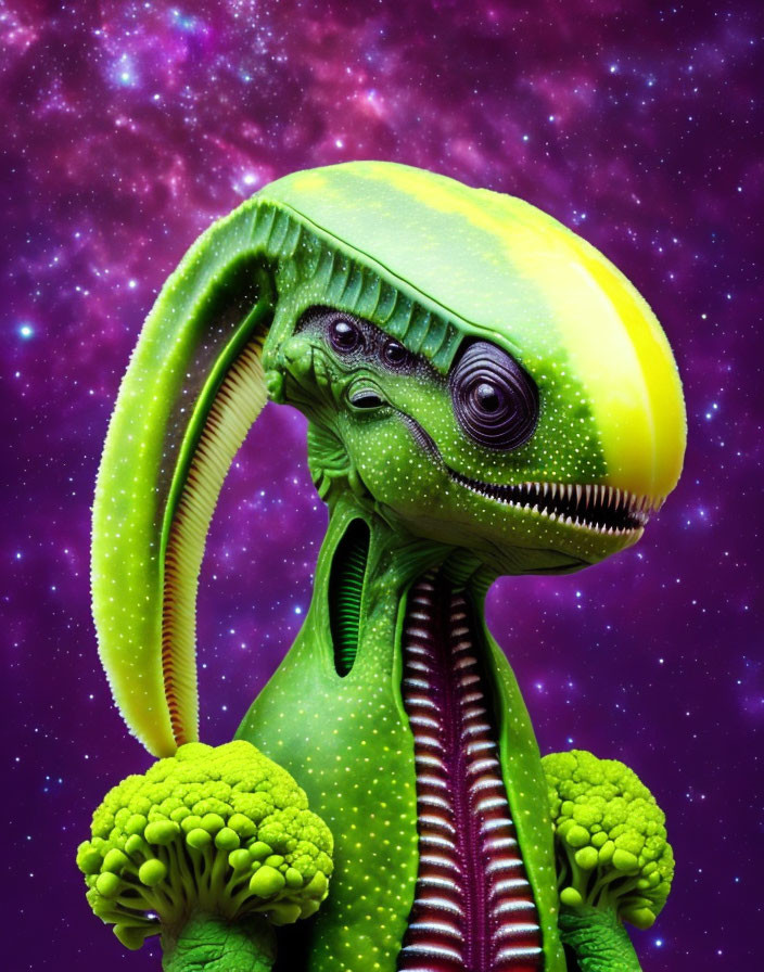 Colorful alien creature with broccoli-like textures on purple starry background
