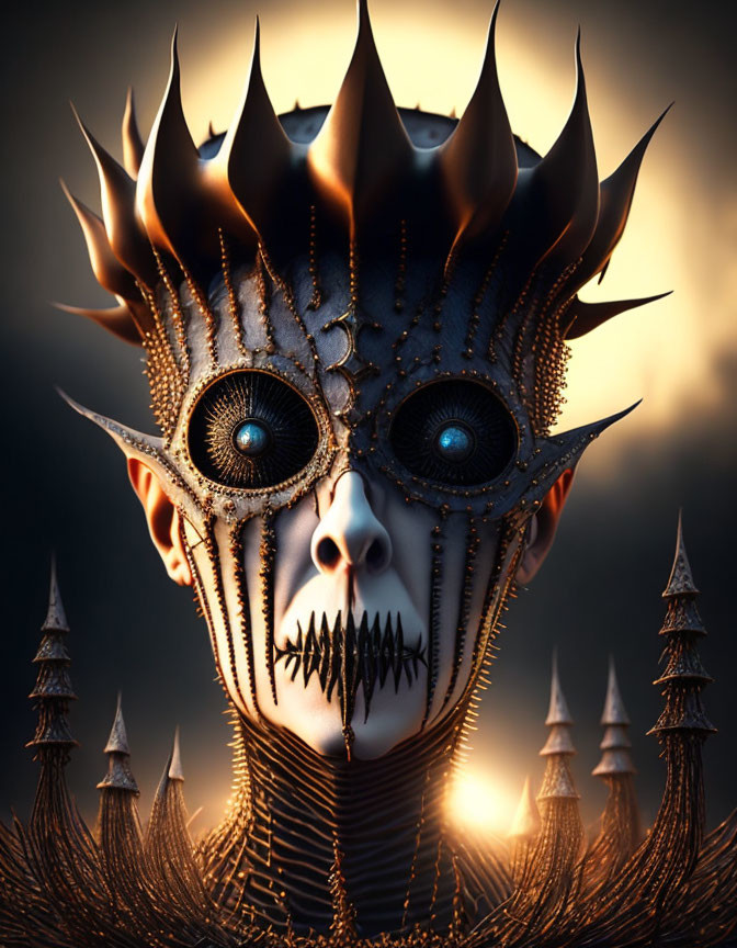 Menacing figure with spiky crown and blue eyes in detailed digital artwork