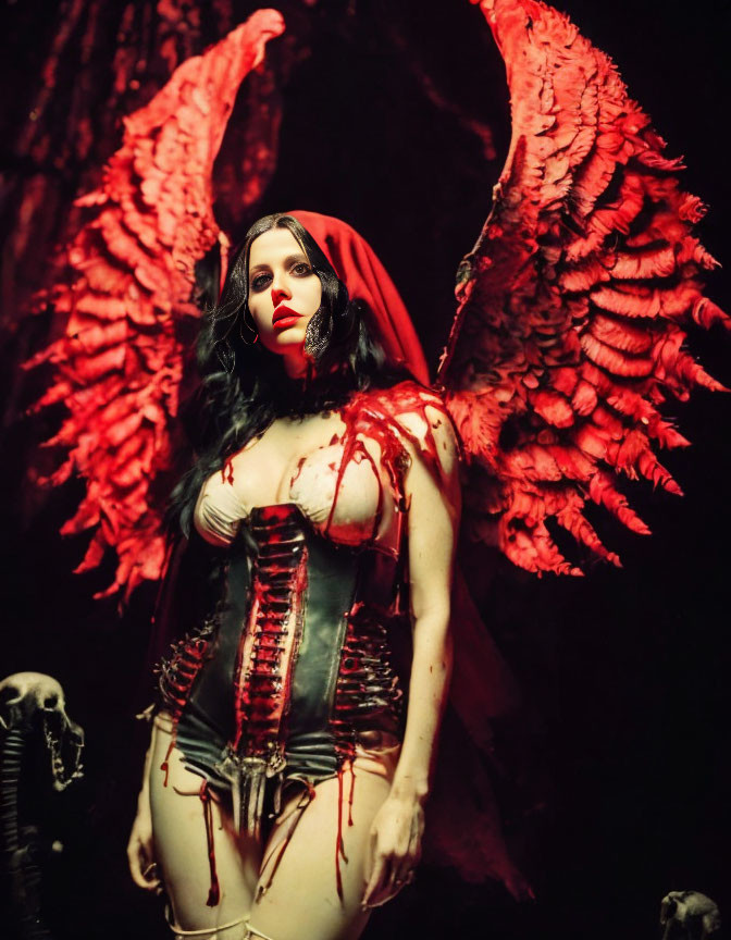Person in Red Hooded Cape and Corset with Large Red Wings in Eerie Setting with Skeletal