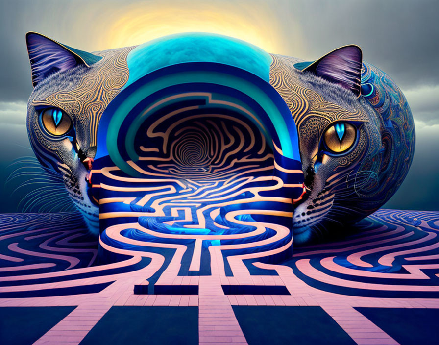 Surreal artwork of mirrored cat faces on labyrinth structure under celestial body
