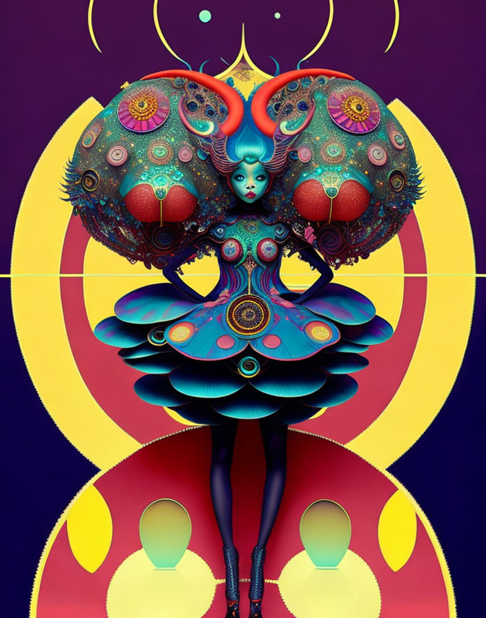 Colorful Digital Artwork of Stylized Female Figure with Patterned Wings