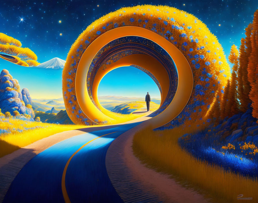 Person standing before surreal, spiraling flower gateway in vibrant landscape