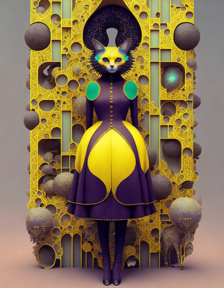 Stylized anthropomorphic feline in purple and yellow dress with fractal-like golden backdrop.