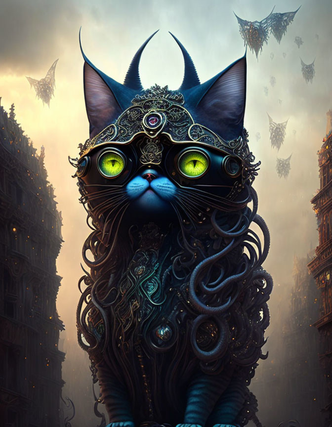 Fantastical black cat with green eyes and ornate headgear in gothic setting