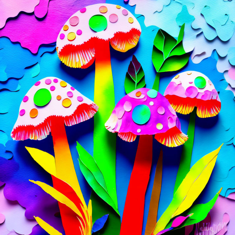 Vibrant paper art of stylized mushrooms on multicolored background