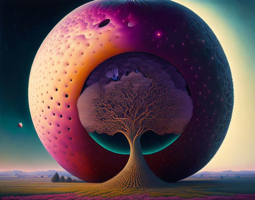 Surreal landscape with tree, vibrant sphere, starry sky, colorful fields, and distant planet