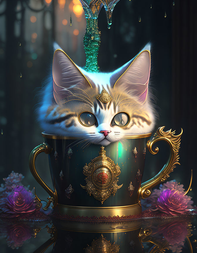 Fluffy white and brown cat in ornate teacup with magical elements
