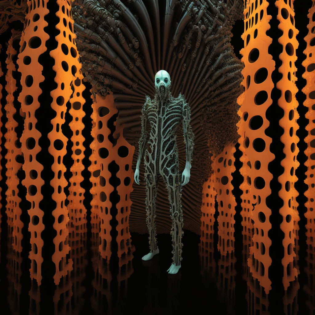 Skeleton in Textured Suit Against Orange Towers Backdrop