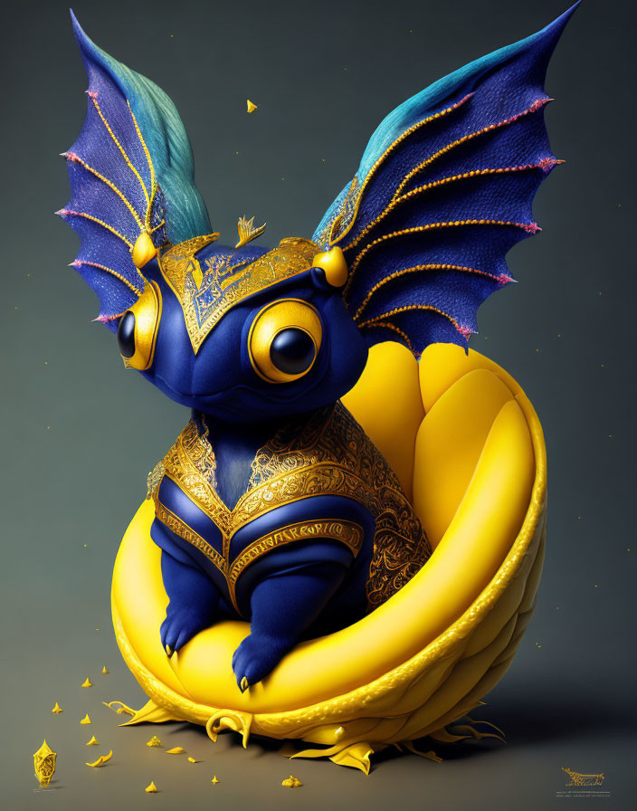 Colorful digital artwork of royal blue creature with golden clothing and purple wings on throne