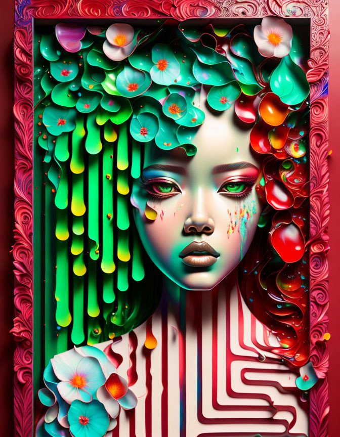 Vibrant surreal portrait with melting floral and circuit elements.