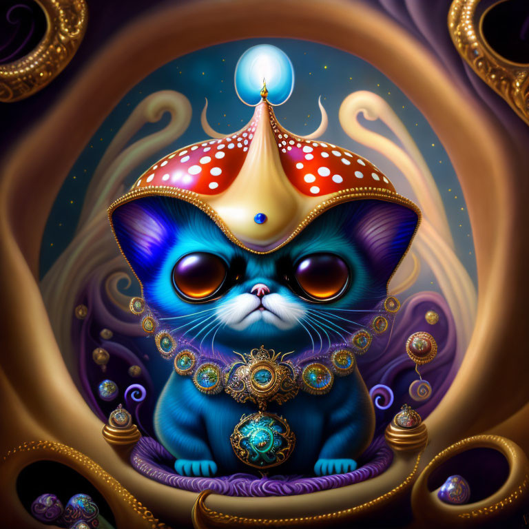 Whimsical blue cat with crown and cosmic background