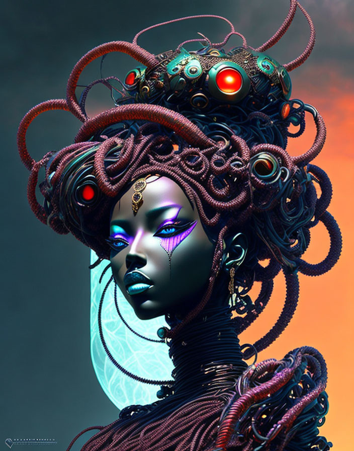Digital Artwork: Female Figure with Purple-Blue Skin and Futuristic Headgear