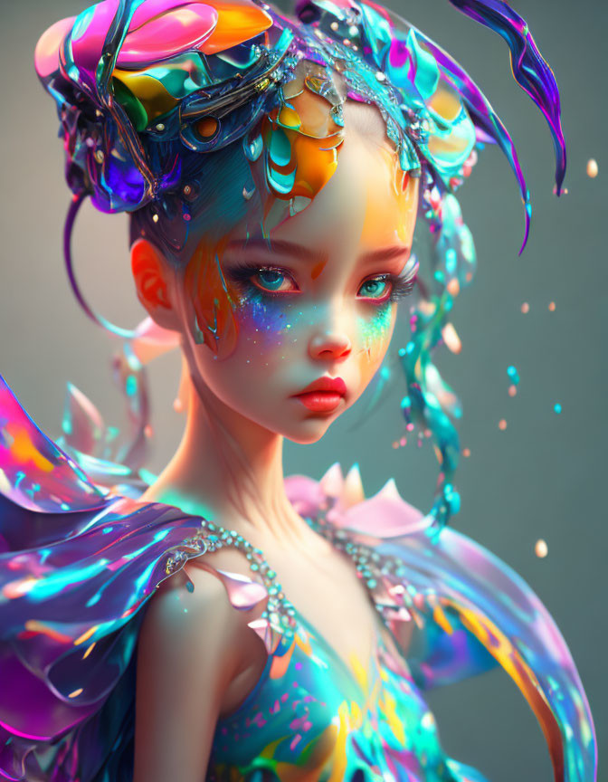 Whimsical character with iridescent wings and jewel-toned headdress
