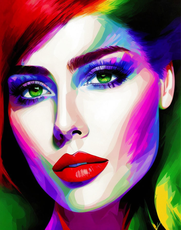 Colorful portrait of a woman with green eyes and red lips on abstract background