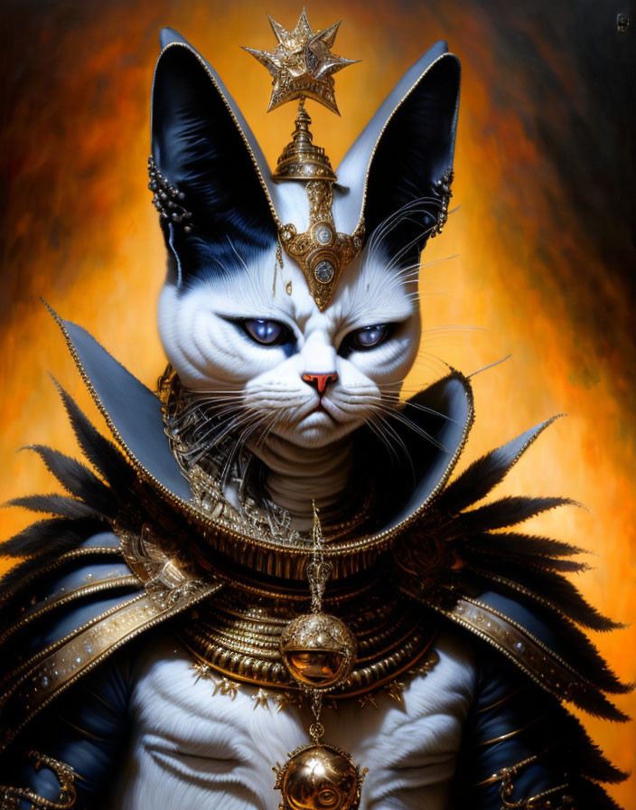 Majestic cat in golden armor with fiery background