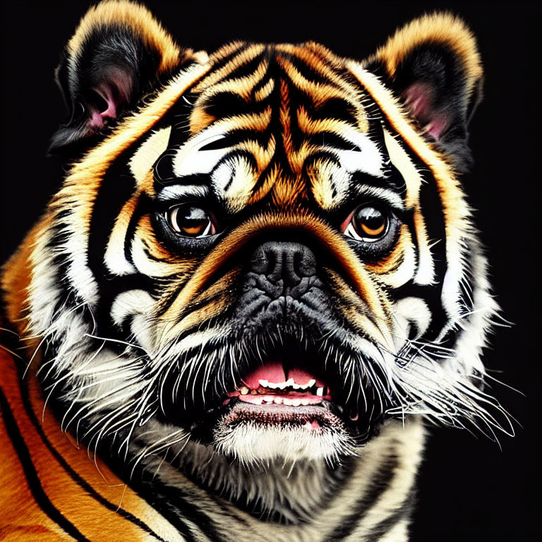 Detailed Portrait of Pug Dog with Tiger-Like Alterations