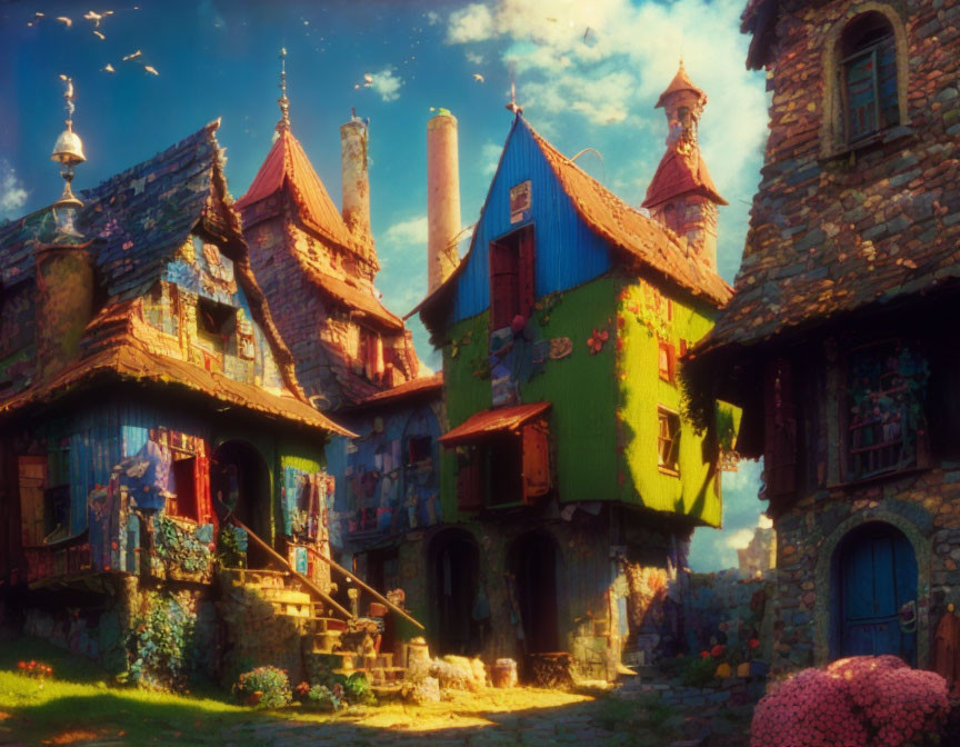 Whimsical cottages with textured roofs and hanging plants in warm fairy tale setting