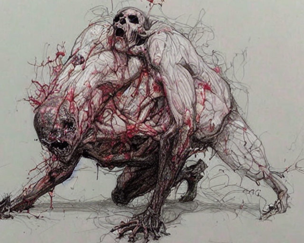 Detailed Sketch of Skeletal Creature with Exposed Muscles and Sinew