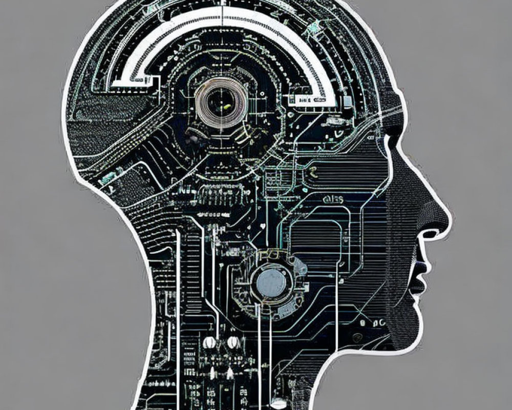 Futuristic human head profile with intricate electronic circuitry