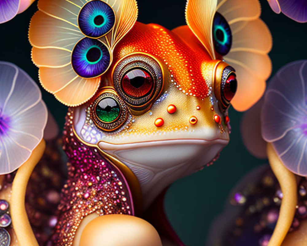 Colorful digital artwork: Fantastical frog with multiple eyes and vibrant skin in floral setting